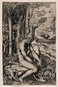 Venus pulling a thorn from her foot in an elaborate rural setting, a rabbit accompanies her. Engraving by M. Dente, 1516, after Raphael.