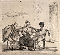 A coachman, a cook and a household servant in a state of intoxication refuse to open the door of their quarters to their master. Etching by James Bretherton after T. Orde Powlett.