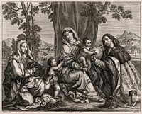 Saint Mary (the Blessed Virgin) with the Christ Child, Saint Elisabeth, Saint John the Baptist and a donor. Engraving by C. Mogalli after P. Petrucci after Titian or Bonifacio De' Pitati.