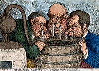 Three distillers with streams running from their noses and mouths into a tub of "double rectified spirits". Coloured etching, 1811, after T. Rowlandson.