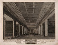 The London Institution: the interior of the library, with a vignette of the lecture theatre. Engraving by H. R. Cook after R. B. Schnebbelie, 1820.