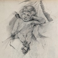 A seated boy dressed as Cupid. Pencil drawing.