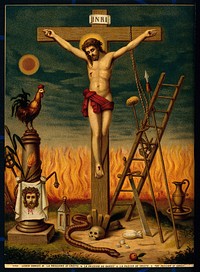 Christ on the Cross surrounded by the instruments of the Passion. Colour process print.