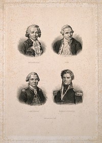 Explorers: James Cook, Bougainville, Dumont d'Urville, and La Pérouse. Engraving.