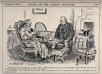 A gouty man talking to his doctor who is totally unsympathetic after discovering that his patient had finished off a bottle of port the previous evening. Wood engraving by B. Partridge, 1896.