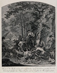 The stag is disembowelled by the huntsmen in the forest with a cureé in the background. Etching by J. E. Ridinger.