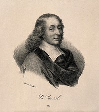 Blaise Pascal. Lithograph after G. Edelinck after F. Quesnel, junior.
