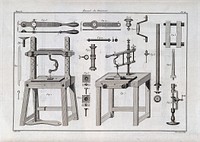 Carpentry: a treadle-operated lathe, with an assortment of tools for turning. Engraving by N. L. Rousseau [] after Gallet [].