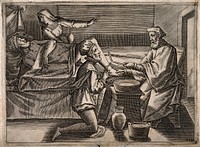 A surgeon instructing a younger surgeon how to bleed a male patient's foot, a woman is comforting the patient. Engraving, 1586.