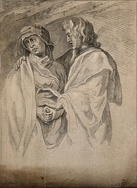 The apostle John attempts to comfort a sorrowful Virgin Mary. Drawing after P.P. Rubens.