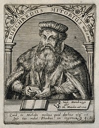 Burckhardus Mithobius [Mithoff]. Line engraving by T. de Bry.