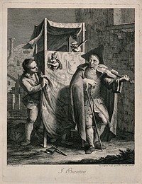 A young man plays a violin in front of a Punch and Judy stand with the puppeteer nearby. Engraving by Giovanni Volpato after Francesco Maggiotto.