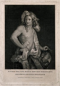 David with the head of Goliath. Line engraving by D. Cunego after Zannettini after G. Cagnacci.