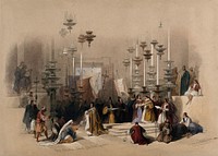 Worshippers at the Stone of Unction in the Church of the Holy Sepulchre, Jerusalem, Israel. Coloured lithograph by Louis Haghe after David Roberts, 1842.