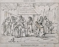 Local people gathered in a Scottish smithy for food and drink. Etching by W. Lizars, 18--.