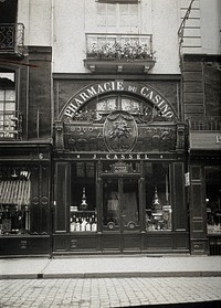 The front of the pharmacy of J. Cassel, founded in 1683 at 4 Rue de la Barre, Dieppe. Photograph.