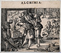An alchemist stoking a furnace, surrounded by well dressed onlookers: a banquet takes place in the background. Etching by C. Murer, ca. 1600-1614.