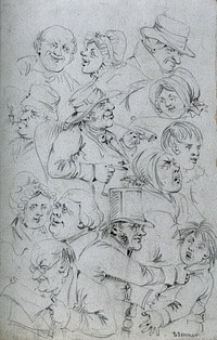 Human heads, male and female, showing different types of emotions. Drawing by S. Jenner, 18--.