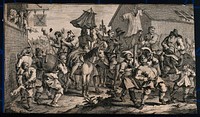 A skimmington or charivari: people make noise and are violent in the street as a form of rough justice exercised by women against men; on the right Hudibras enters on horseback, and is hit in the eye by a thrown egg. Etching by W. Hogarth, 1726.