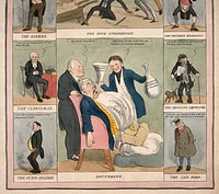 Vignettes of Peel's first ministry surrounded by eight figures representing certain professions. Coloured lithograph, 1835.
