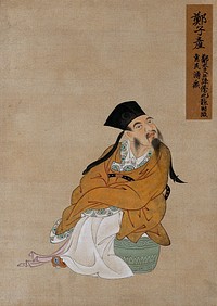 A Chinese figure, seated, wearing gold robes and black hat. Painting by a Chinese artist, ca. 1850.