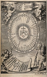 A table of conceded years of Indulgence for the period of the Passion, surrounded by little angels, one of them carries the attributes of the papacy. Engraving by A. and J. Schmuzer.