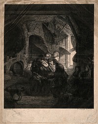 Tobias under the guidance of the archangel Raphael, cures Tobit's blindness using a 'fish-gall'. Etching by A. de Marcenay de Ghuy, 1755, after Rembrandt.