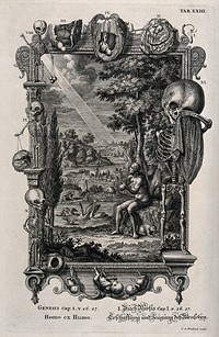 An anatomical depiction of the life and death of a foetus frames Adam alone in the Garden of Eden. Etching by J.A. Fridrich after J.D. Preissler and M. Füssli after C. Huyberts.