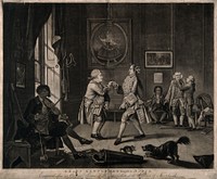 Gentlemen being instructed in dancing and posture. Mezzotint by B. Clowes after J. Collet, ca. 1768.
