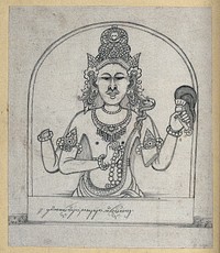Temple sculpture: a half-length figure holding a whip. Pencil drawing.