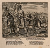 A woman with a crutch, a man in chains and a man falling on a sword; allegory of suffering and the different forms of death. Engraving by P. Galle, c. 1563.