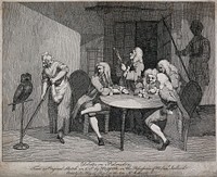Five men congregated round a table, two of whom hold out the palm of their hands. Etching by J. Haynes after W. Hogarth, 1782.