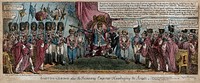 Napoleon as Emperor addressing the Senate on the glory of France and other matters. Coloured etching by Charles Williams, 1813.