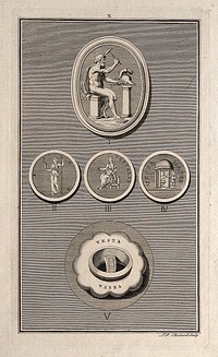Vulcan [Hephaestus] with the Vestal virgins below. Etching by L.P. Boitard.