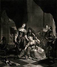 A man and a woman embrace and drink wine in the corner of a room, as a girl attempts to rouse the boy who has fallen asleep against her knee watched by two older women standing over them. Mezzotint by N. Verkolje after himself.