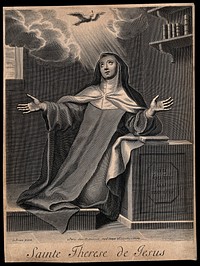 Saint Teresa of Avila: she kneels in her convent cell as the Holy Ghost shines on her. Line engraving after C. Lebrun.