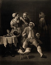 A man with his gouty leg on a stool, a maid accidently pours boiling water over him and a small boy is stealing from his wallet, perhaps further punishment for his overindulgence. Mezzotint by V. Green, 1775, after E. Penny.