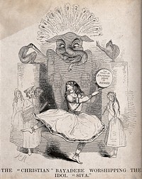 Lord Ellenborough as a dancing girl in a Hindu temple; representing press allegations that, as Governor-General of India, he favoured Hinduism over Islam in his policy towards the gates of the temple at Somnath. Wood engraving by or after J.K. Meadows, 1843.