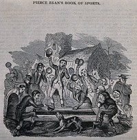 The funeral of Tom Moody, a huntsman: members of the hunt cry "View-halloo" and "Tally-ho!" over his grave. Wood engraving after R. Seymour, 1831.