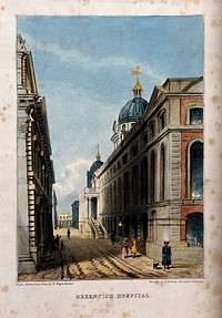 Royal Naval Hospital, Greenwich, a three-quarter view of the Hall and Chapel looking east, with people in the foreground. Coloured lithograph by W.B. Barker.