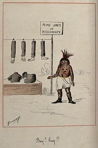 A cannibal market trader is offering the limbs of missionaries for sale as food. Drawing attributed to Edwin Harcourt Burrage, 18--.