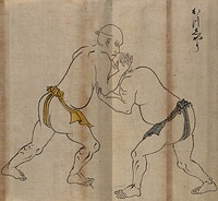 A Japanese wrestling position. Woodcut by a Japanese artist.