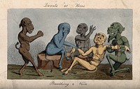 A patient being bled by a surgeon with three dismayed onlookers; represented by five faun-like demons. Coloured etching.