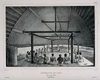 A gathering at the ceremonial drinking of kava in the Friendly Islands. Lithograph by A. Noël after L.A. de Sainson.