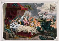 On his deathbed a priest and various monsters try to persuade the sinner to repent. Colour lithograph.