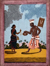 A begging Brahman raising his begging bowl to accept a gift from a woman. Gouache drawing.
