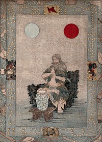 The deity En no Ozunu  in a leaf cloak, with his hands in mudra (a sacred gesture), seated on a rock, with a wine-jar on a low table before him and the sun and moon above. Colour woodcut, ca. 1900.