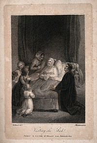 A sick patient surrounded by family and visited by a priest. Stipple engraving by Middlemist after T. Stothard.