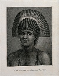 Fatafehi Paulaho, King (Tui) of Tonga, wearing an elaborate headdress of feathers. Engraving by J. Hall, 1784, after J. Webber, 1777.