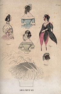 Five women wearing fashionable dresses, hair-pieces and accessories, the back of a woman's head showing arrangement of hair; and a diagram explaining how hair-pieces are attached to natural hair. Coloured etching, c. 1840.